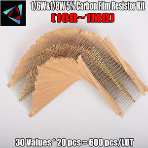 600pcs/set 30 Kinds 1/8W 1/6W Resistance 5% Carbon Film Resistor Pack Assorted Kit 1K 10K 100K 220ohm 1M Resistors 300pcs/set