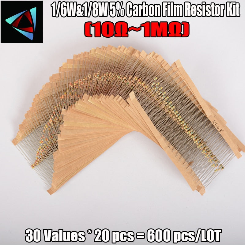 600pcs/set 30 Kinds 1/8W 1/6W Resistance 5% Carbon Film Resistor Pack Assorted Kit 1K 10K 100K 220ohm 1M Resistors 300pcs/set